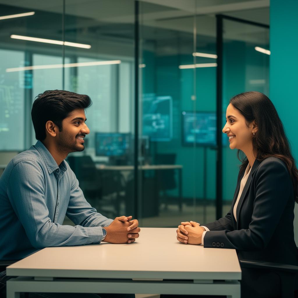 Student in job interview at modern tech office